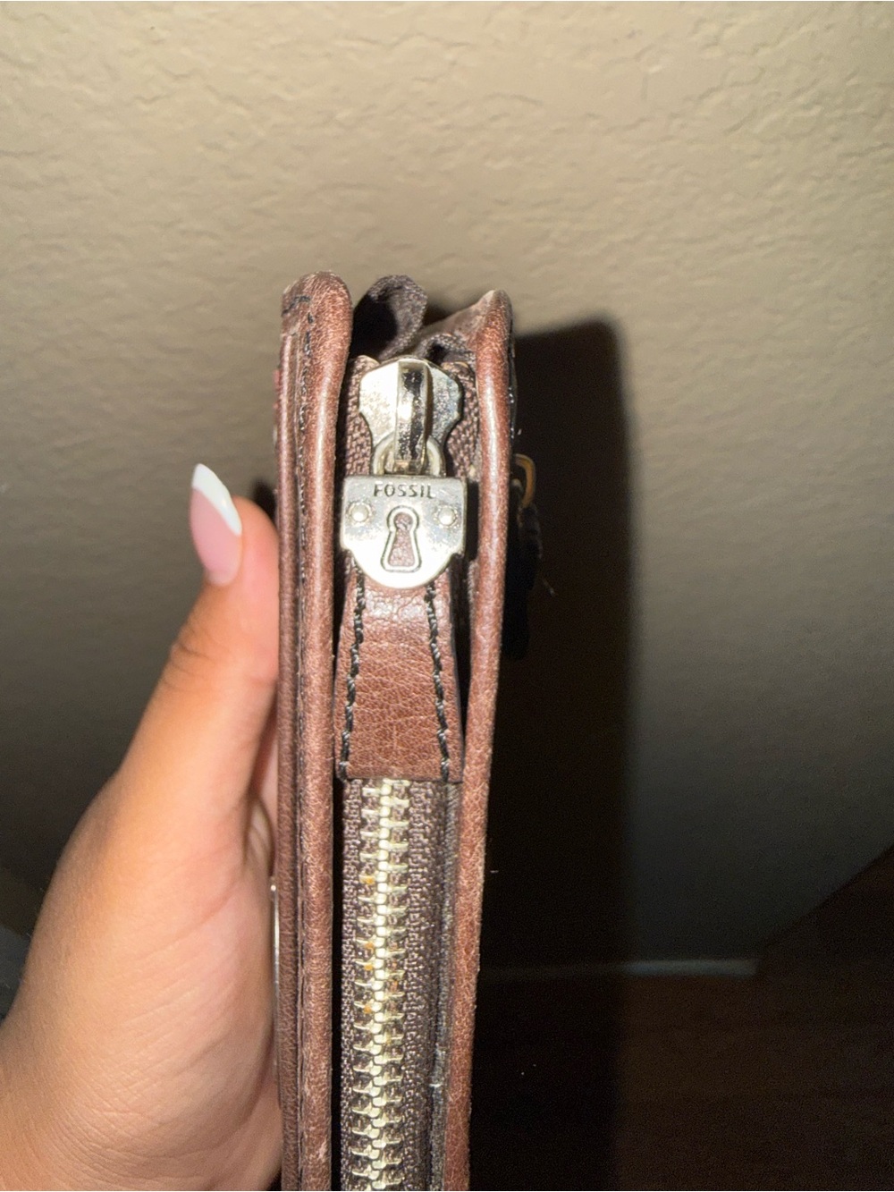 Fossil Brown Leather Zip Card Holder with Multicolor Floral Accents - Picture 3 of 7